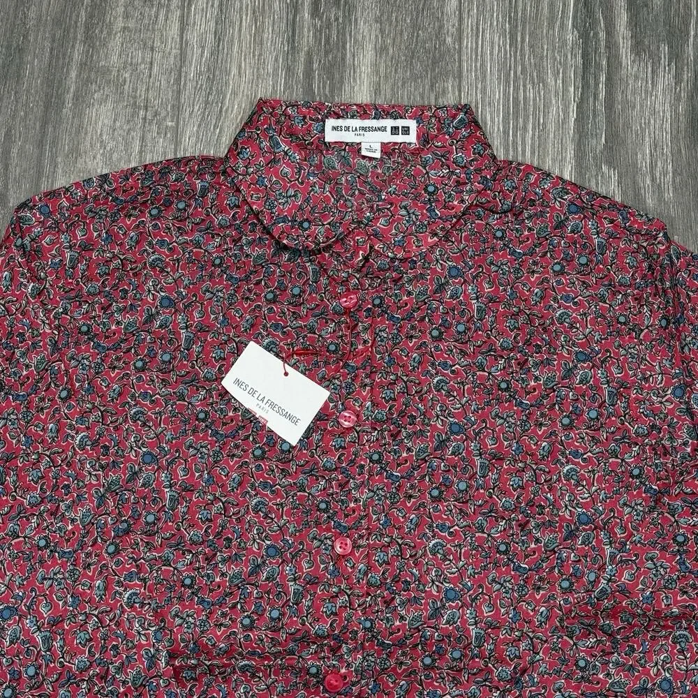 NEW Uniqlo Ines De La Fressange Top Red Blue Floral Button Up Shirt Womens Large - Picture 2 of 7